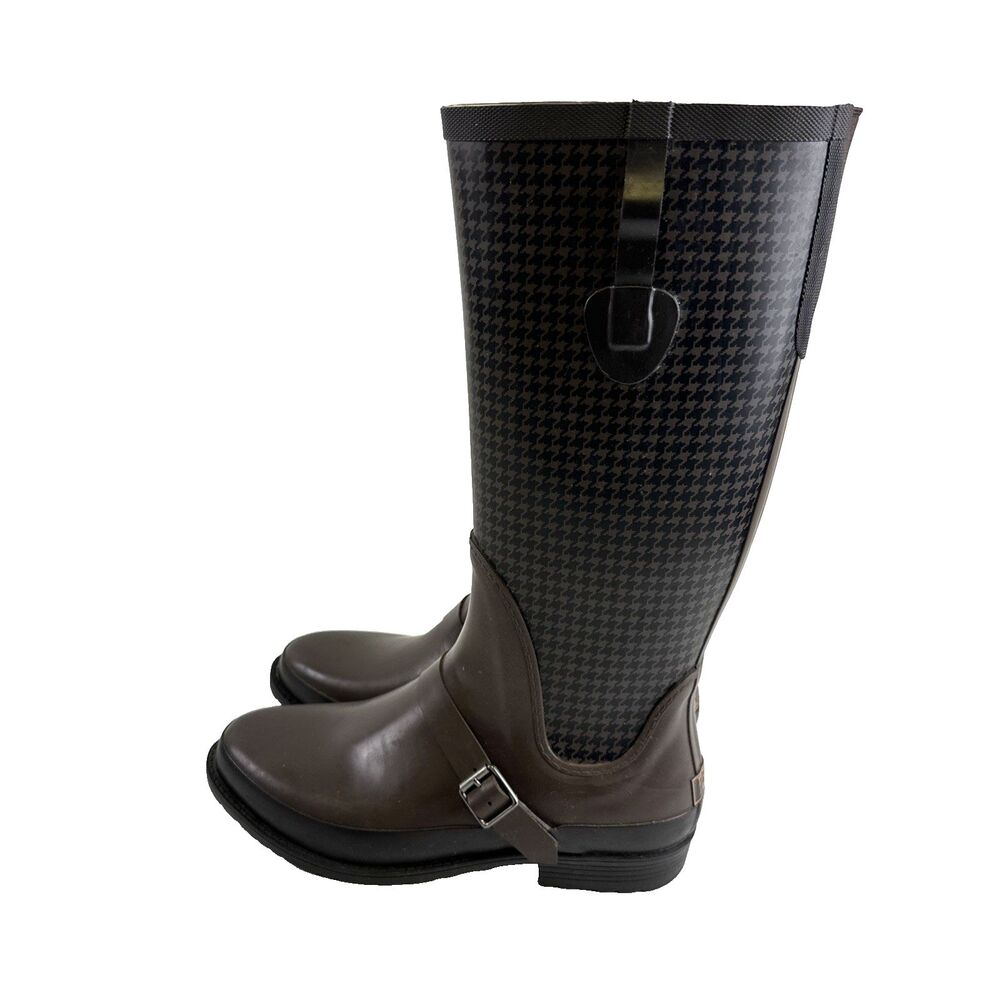 LL‎ Bean Wellie Houndstooth Tall Rain Boots Black Brown Pull On 296495 Womens 11